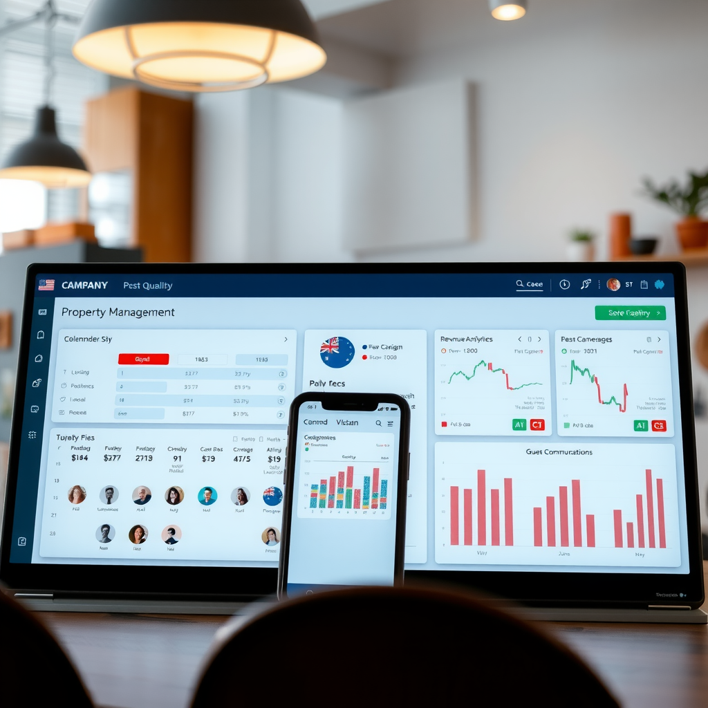 Modern property management dashboard showing booking calendar, revenue analytics, and guest communication tools on multiple devices including desktop and mobile