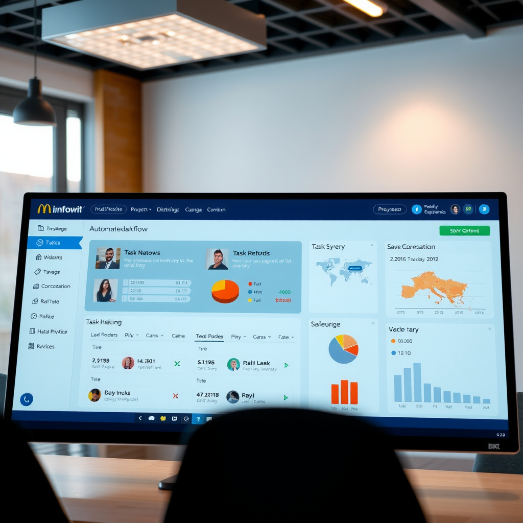 Modern property management dashboard showing automated workflow systems, task scheduling interface, and digital communication tools for streamlining rental operations