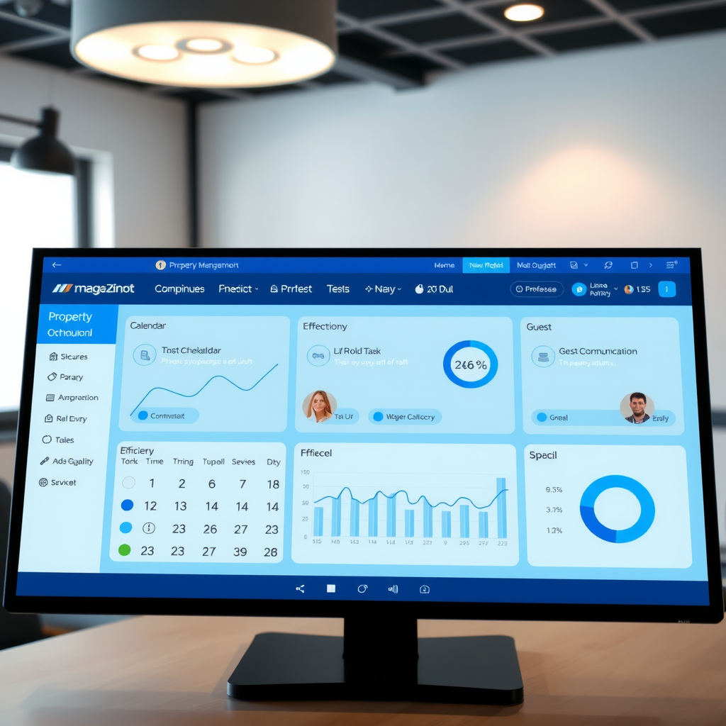 Modern property management dashboard interface displaying workflow optimization features including automated task scheduling, calendar synchronization, guest communication panel, and efficiency metrics with clean blue and white design elements