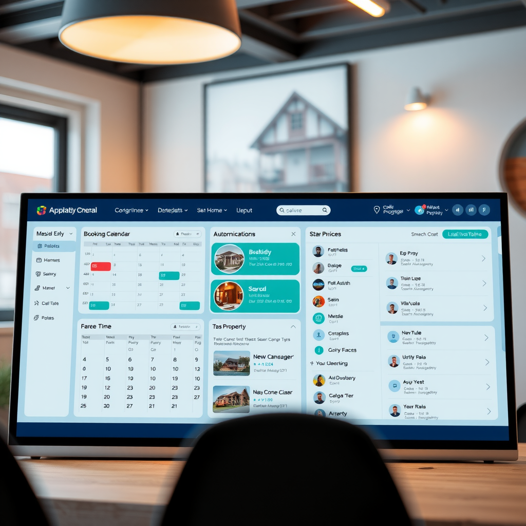 Modern property management dashboard showing booking calendar, guest communications, and automated task management system with clean interface displaying multiple properties and real-time updates