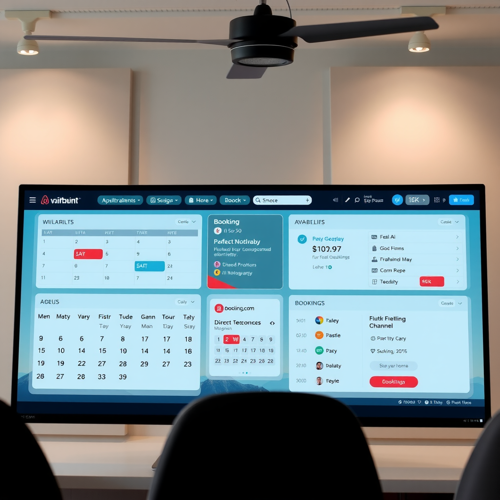Modern vacation rental channel management dashboard showing multiple booking platforms synchronized in real-time with calendar views, availability status, and booking notifications across different channels including Airbnb, Booking.com, and direct bookings