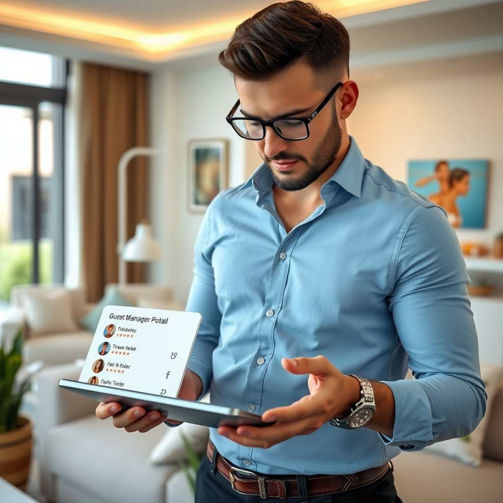 Professional property manager reviewing guest feedback on tablet in modern vacation rental with positive review notifications