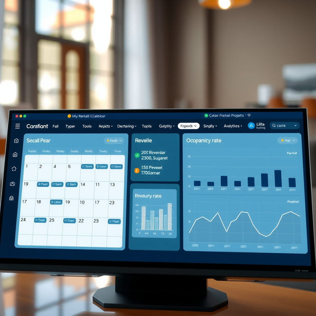 Modern property management dashboard showing seasonal booking calendar with peak and off-peak periods highlighted, revenue analytics graphs, and occupancy rate charts for vacation rental properties