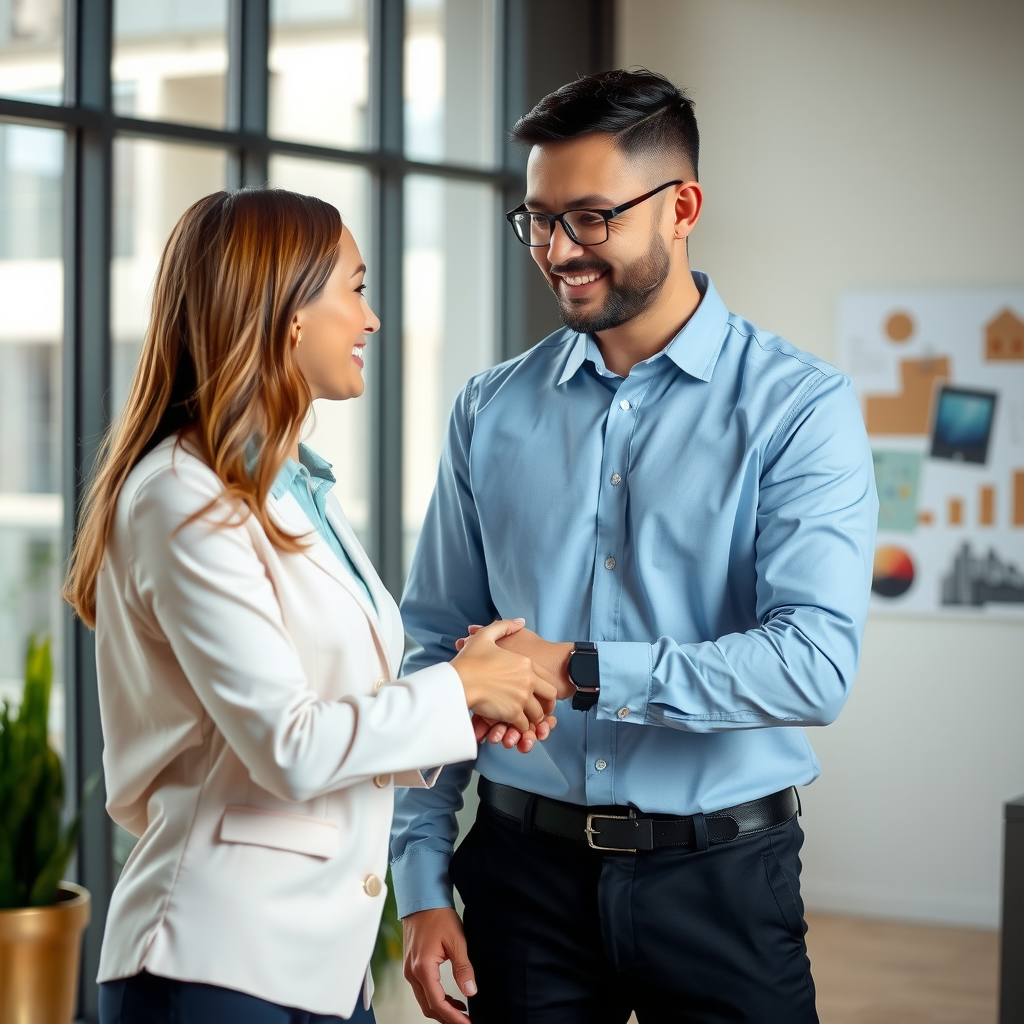 Professional property manager shaking hands with property owner in modern office setting, symbolizing trust and partnership in property management relationship