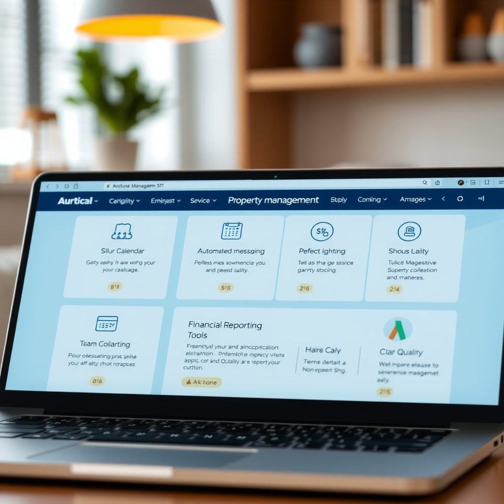 Comprehensive overview of property management features including calendar synchronization, automated messaging, financial reporting, and team collaboration tools displayed on laptop screen