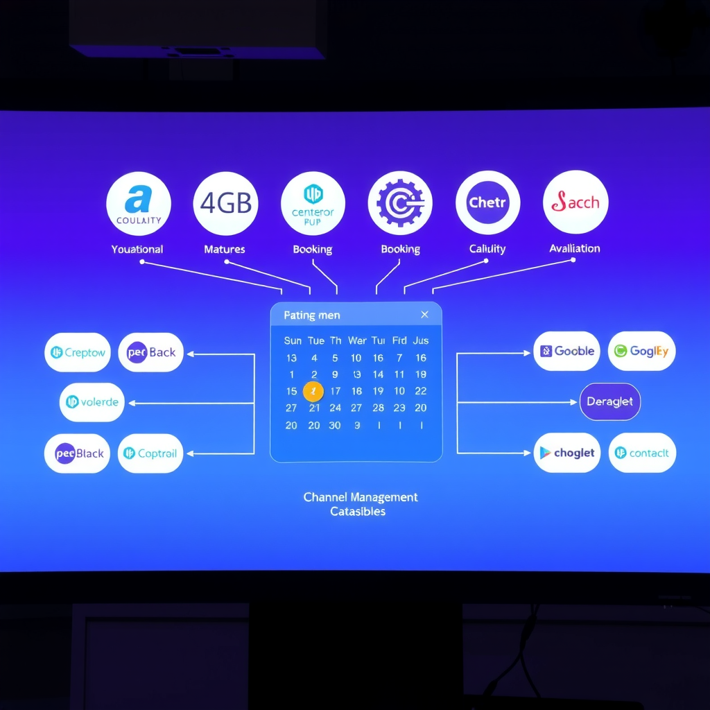 Comprehensive channel management interface showing multiple booking platform logos connected to central calendar system with synchronized availability across platforms, preventing double bookings, featuring purple gradient design