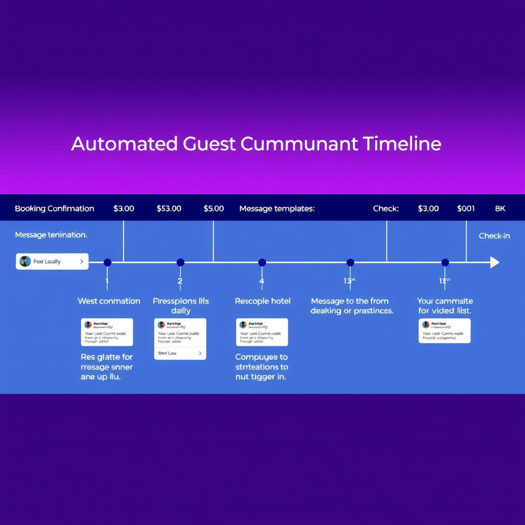 Visual timeline showing automated guest communication workflow from booking confirmation through check-in, with message templates and trigger points displayed on a modern interface with purple gradient background