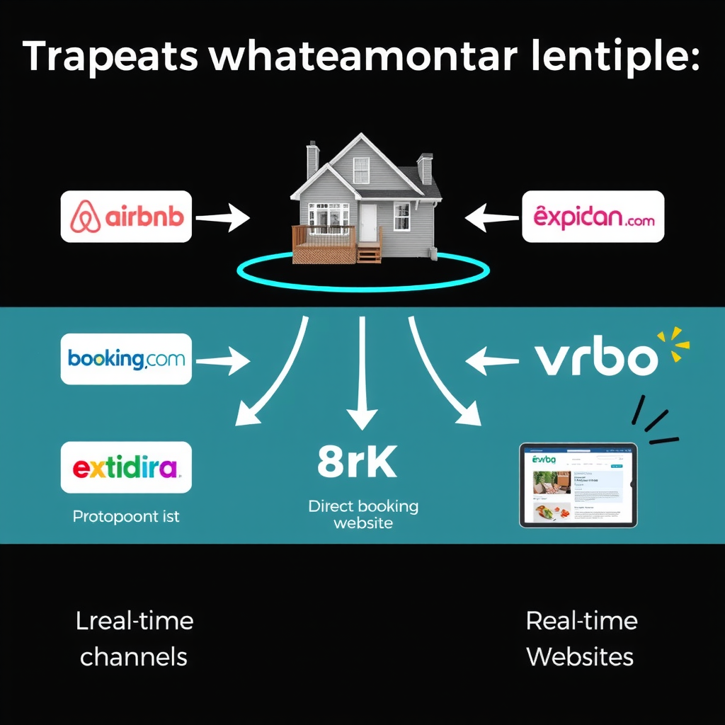 Infographic showing vacation rental property distributed across multiple booking platforms including Airbnb, Booking.com, Vrbo, Expedia, and direct booking website, with arrows indicating synchronized data flow and real-time updates between all channels
