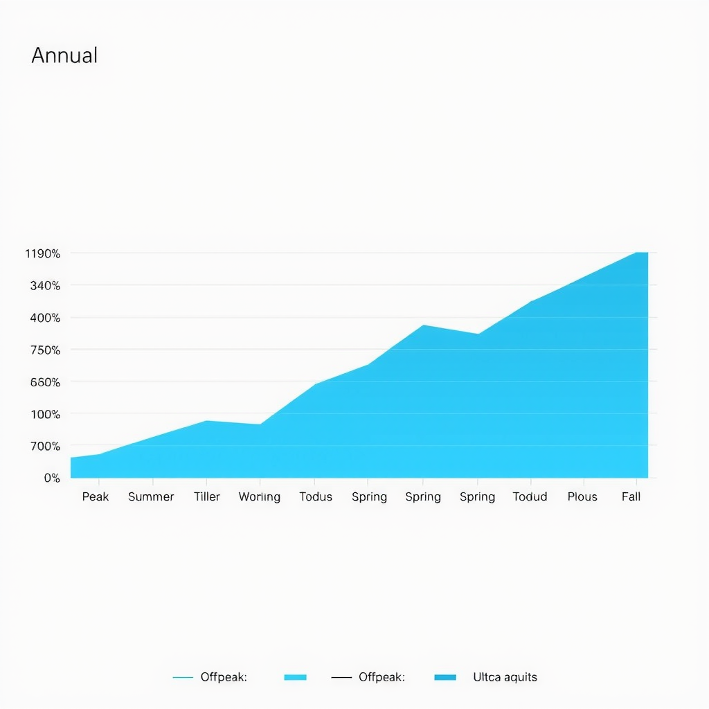 Line graph displaying annual occupancy rates and revenue trends across twelve months, highlighting peak summer season, shoulder seasons in spring and fall, and off-peak winter period for vacation rental properties