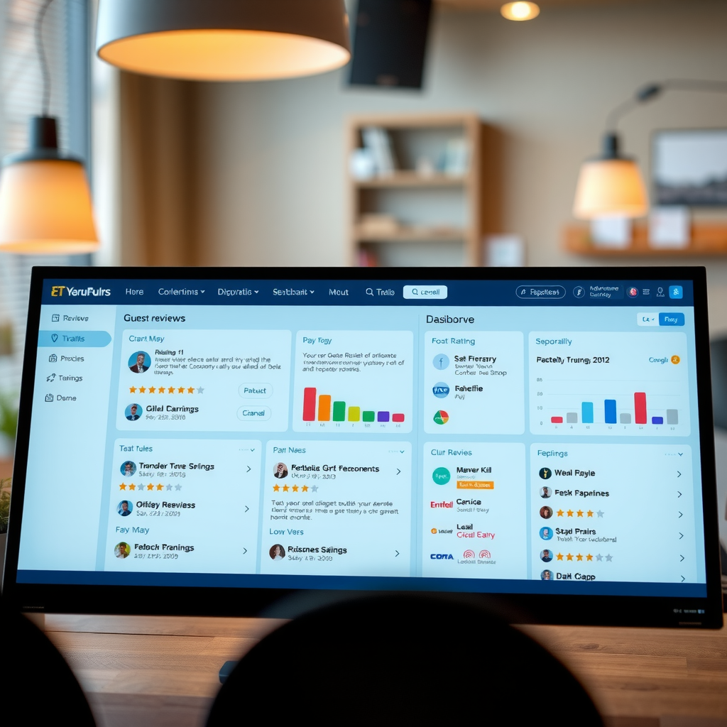 Guest review management dashboard showing rating systems, feedback responses, and reputation monitoring tools across multiple booking platforms for vacation rentals