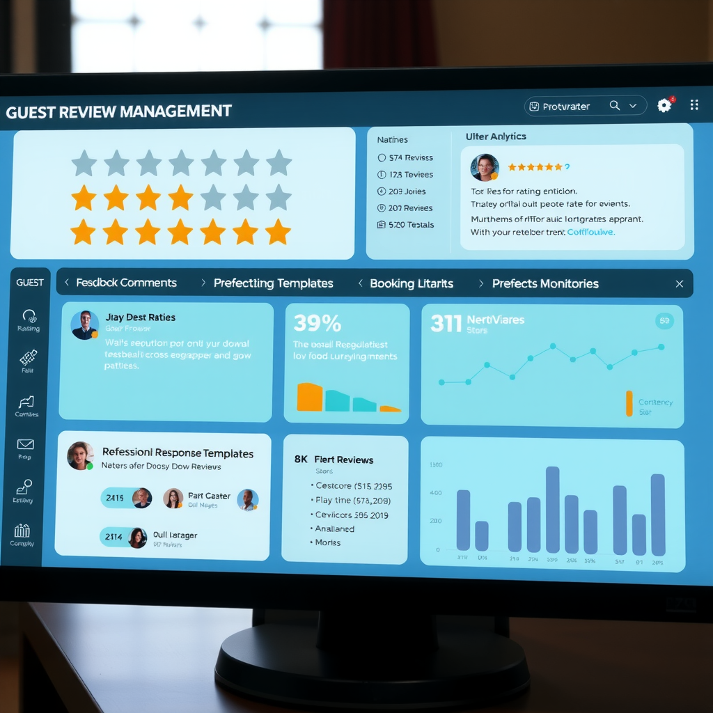 Guest review management dashboard displaying star ratings, feedback comments, professional response templates, reputation analytics across booking platforms, and review monitoring tools with teal accent colors