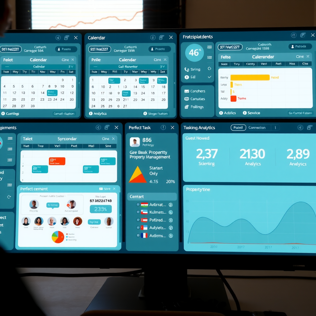 Comprehensive property management system interface showing synchronized calendars from multiple booking platforms, unified guest inbox, automated task assignments, and real-time analytics dashboard with teal accent colors