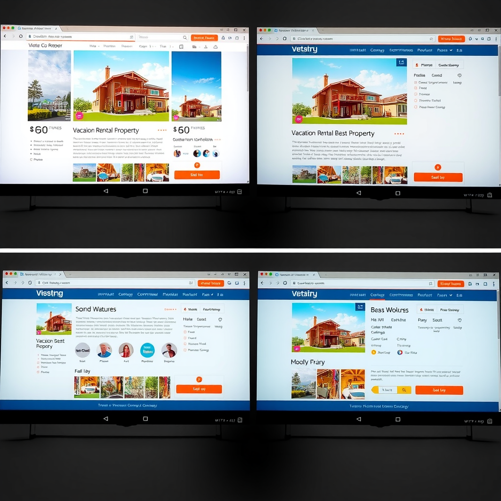Split-screen comparison showing the same vacation rental property listing with identical photos, descriptions, amenities, and pricing displayed consistently across different booking platforms, demonstrating synchronized property information management