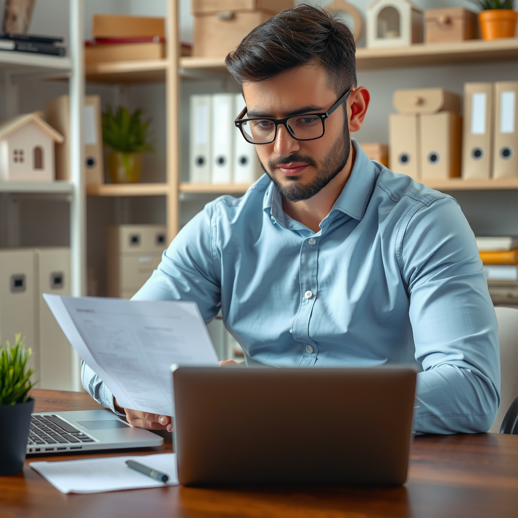 Professional property manager responding constructively to negative review on laptop in organized office
