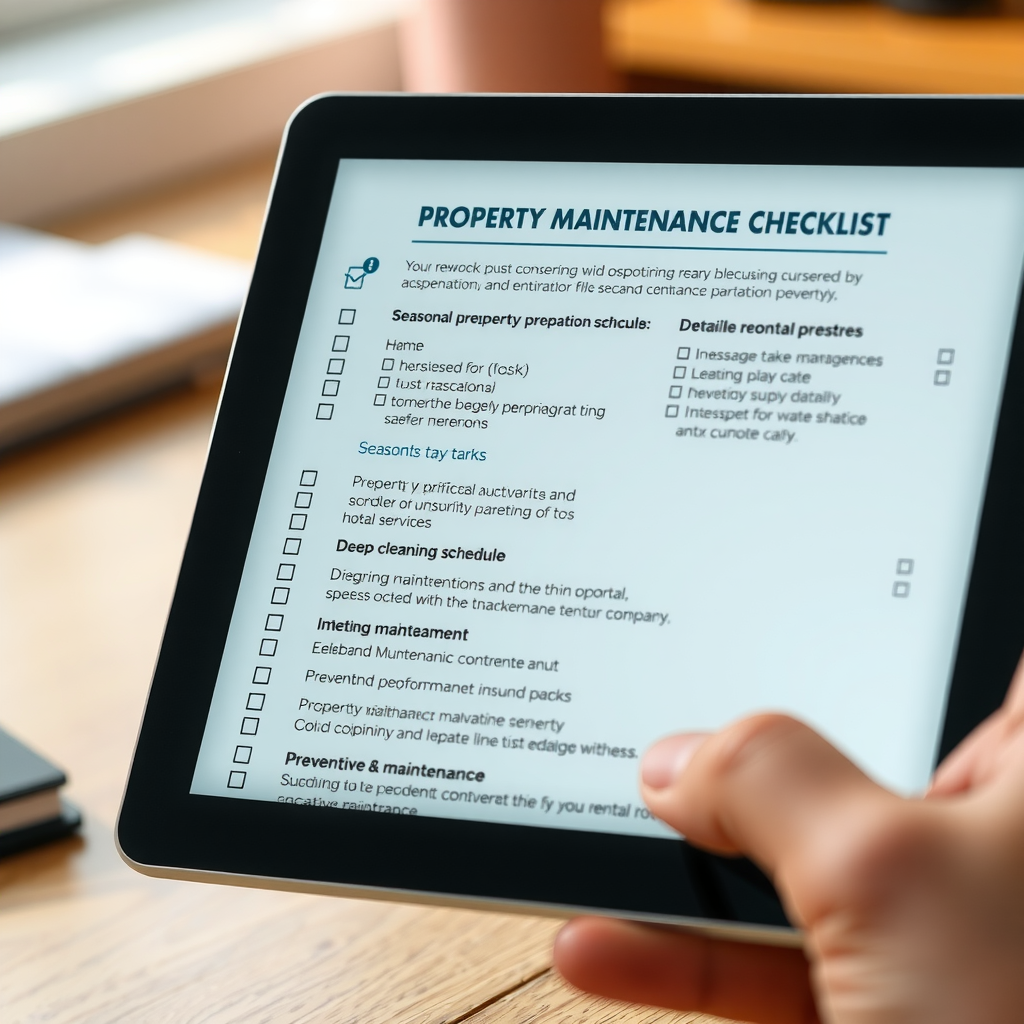 Detailed property maintenance checklist on tablet showing seasonal preparation tasks including HVAC service, deep cleaning schedule, inventory management, and preventive maintenance items for vacation rental properties