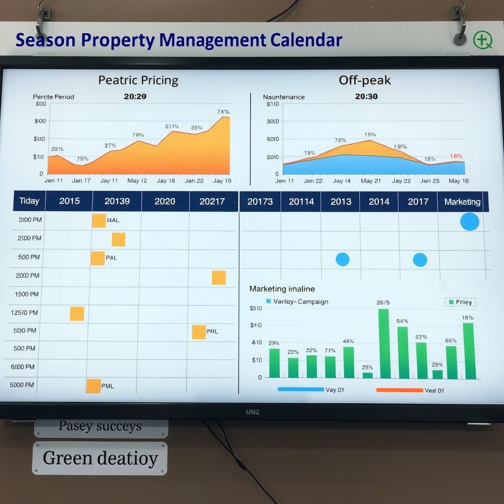 Seasonal property management calendar showing peak and off-peak periods with dynamic pricing graphs, occupancy rate charts, maintenance scheduling timeline, and marketing campaign planning with green success color scheme
