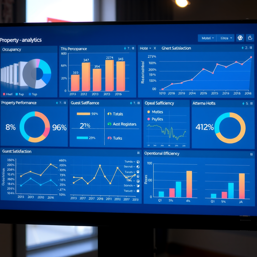 Detailed analytics dashboard displaying property performance metrics including occupancy rates, revenue trends, guest satisfaction scores, and operational efficiency indicators with interactive charts and graphs on a modern blue-themed interface