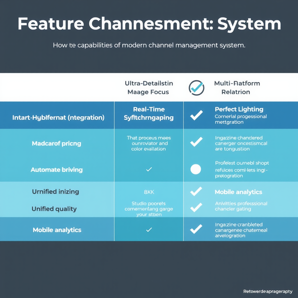 Feature comparison chart showing key capabilities of modern channel management systems including real-time synchronization, multi-platform integration, automated pricing, unified inbox, reporting analytics, and mobile accessibility with checkmarks and visual indicators