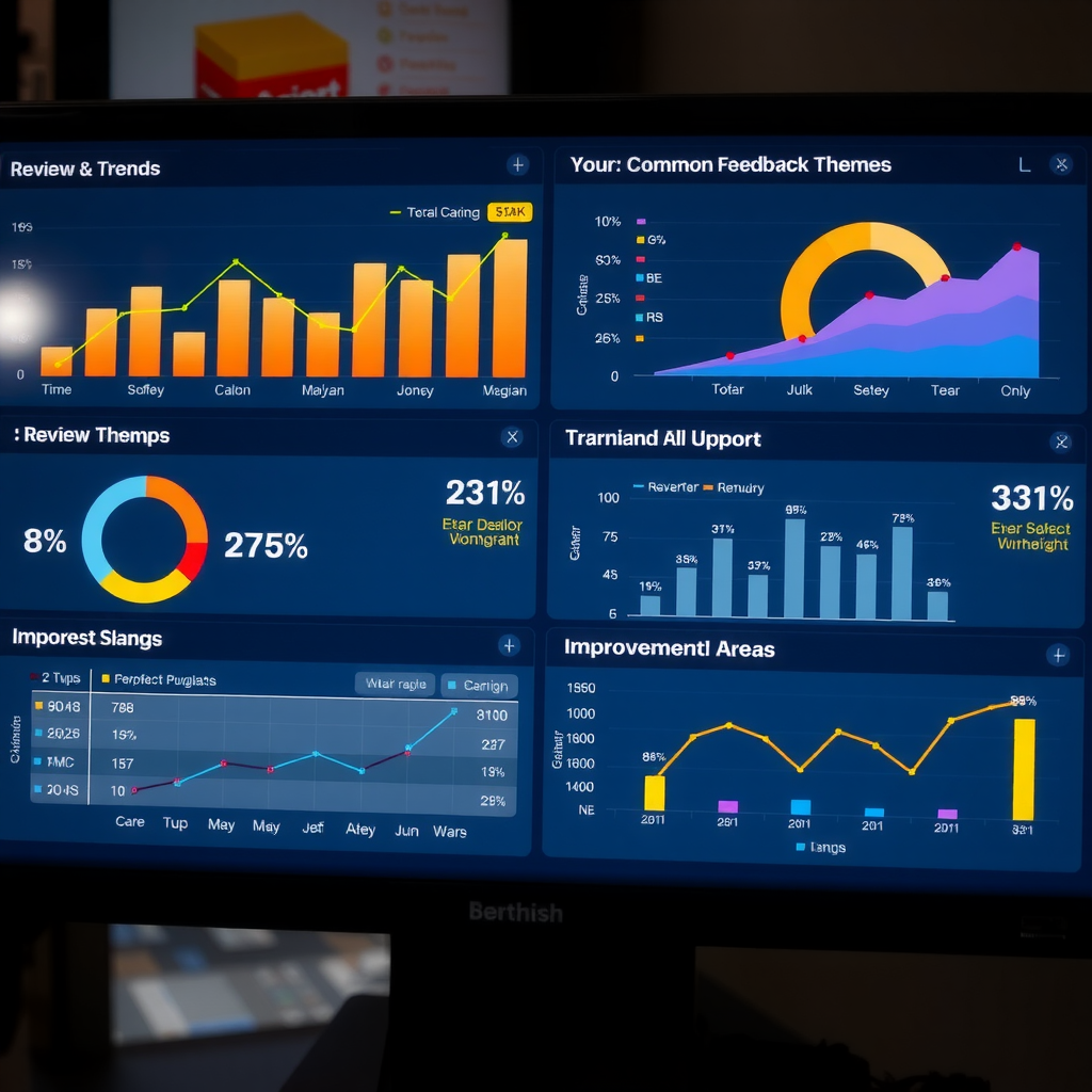 Analytics dashboard showing review trends, common feedback themes, and improvement areas with charts and graphs