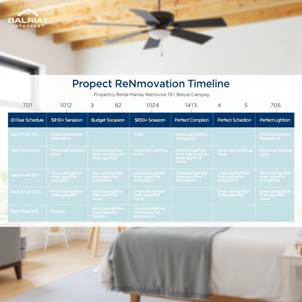 Project management timeline showing property renovation schedule during off-peak season, including budget allocation, contractor scheduling, and completion milestones for vacation rental property improvements