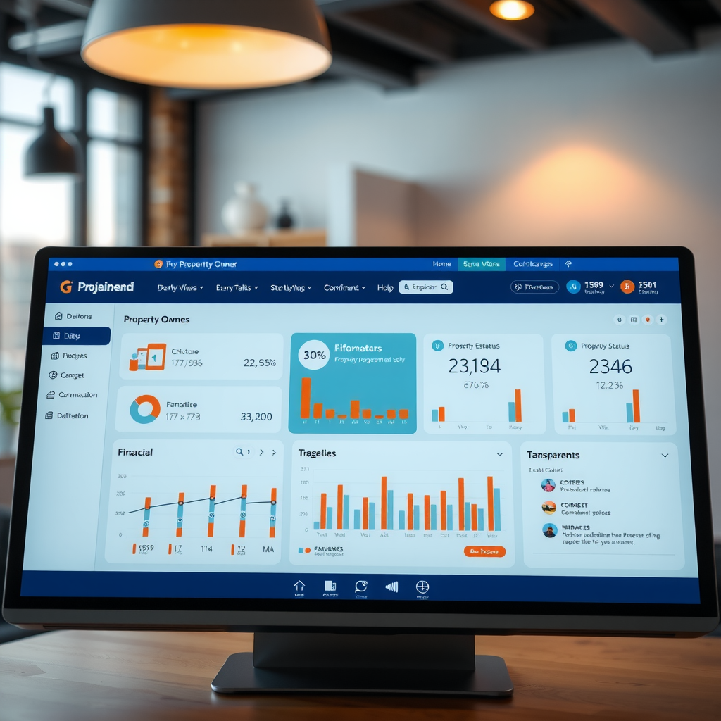 User-friendly property owner portal interface showing dashboard with financial metrics, property status, and communication tools for enhanced transparency