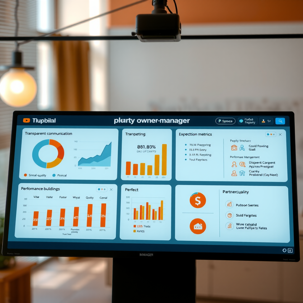 Property owner-manager relationship interface showing transparent communication dashboard, detailed financial reporting tools, performance metrics, expectation management features, and partnership building resources with warm orange accent