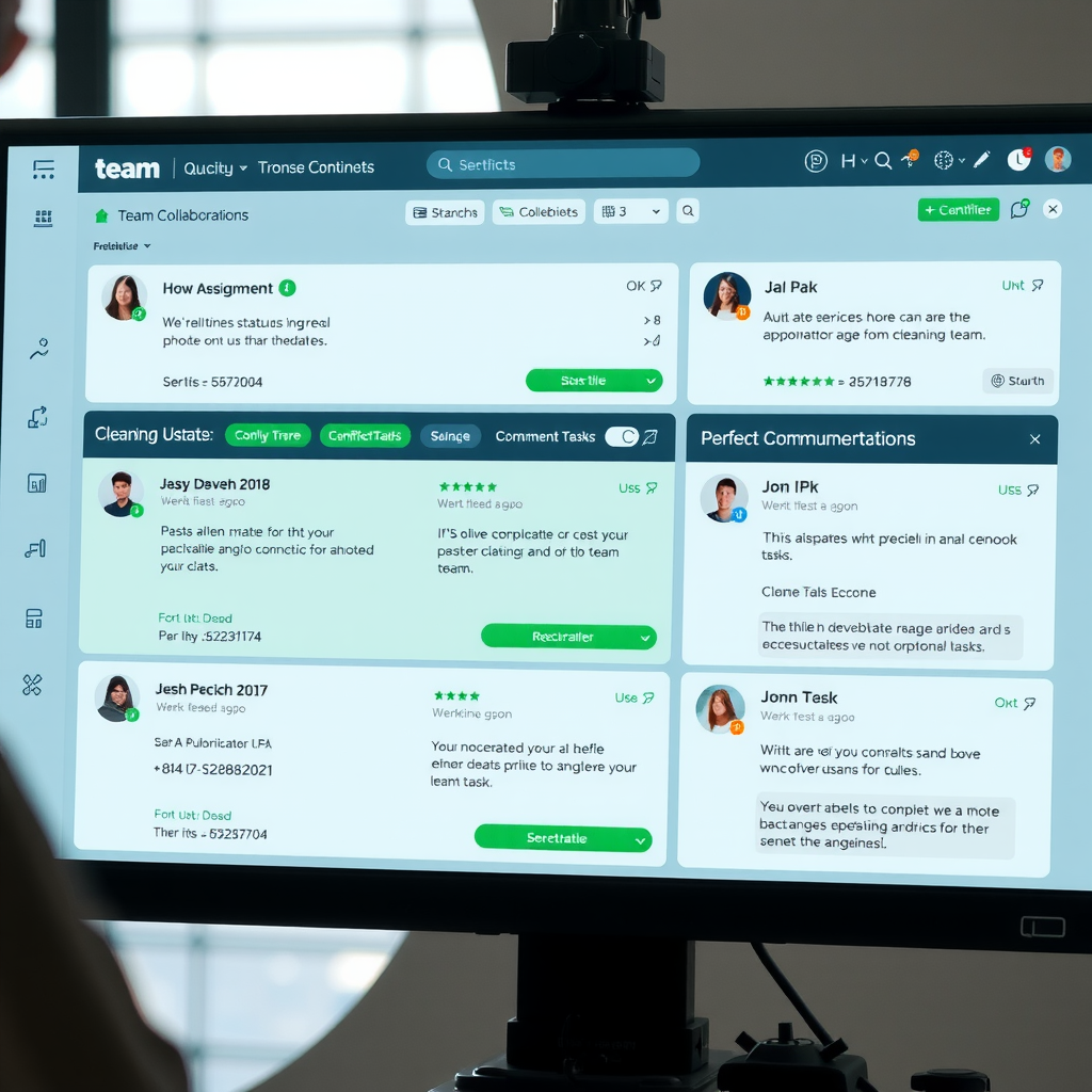 Team collaboration interface showing task assignments, real-time status updates, photo documentation from cleaning teams, and centralized communication threads with green success-themed design highlighting completed tasks and team coordination