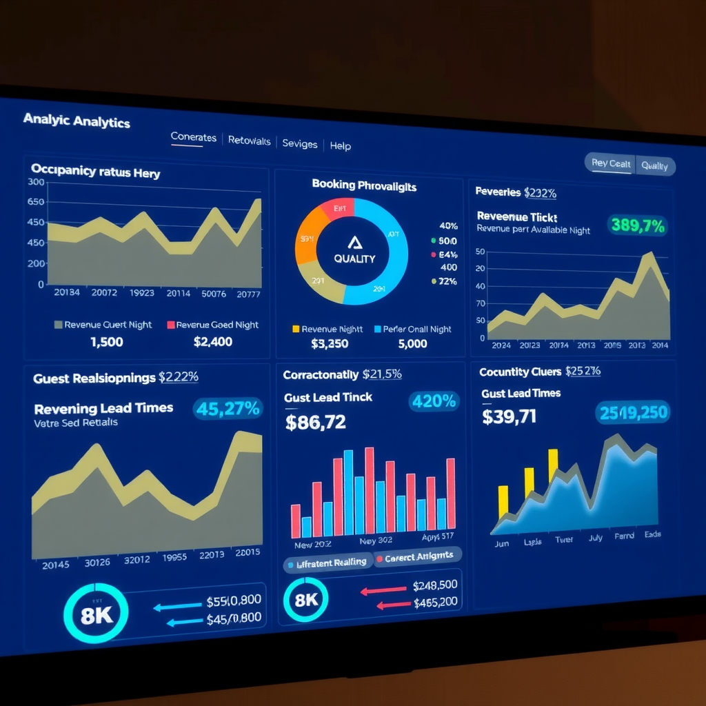 Comprehensive analytics dashboard displaying key performance indicators including occupancy rates, revenue per available night, booking lead times, and guest satisfaction scores across different seasons for vacation rental properties