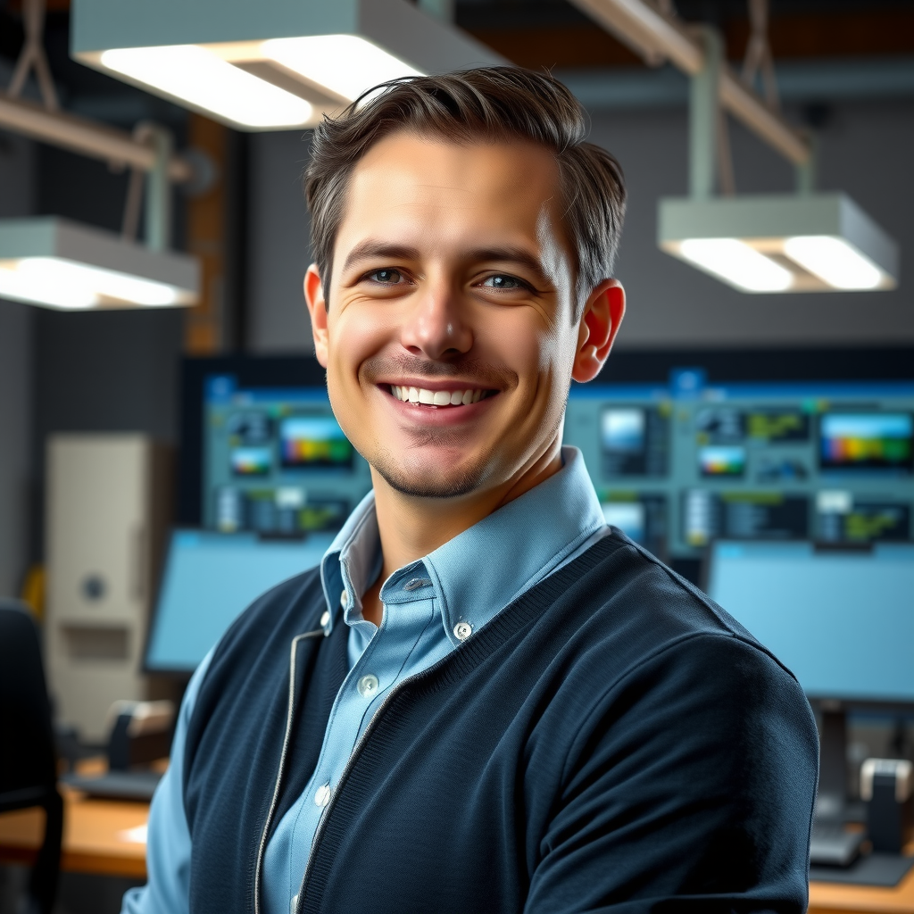 Professional headshot of David Williams, Head of Product Development, in casual business attire with technology workspace background