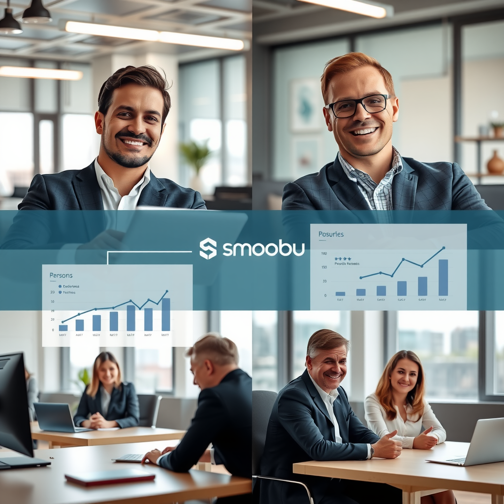 Collage showing happy property managers using Smoobu platform, with graphs showing business growth, positive guest reviews, and team collaboration in modern office setting